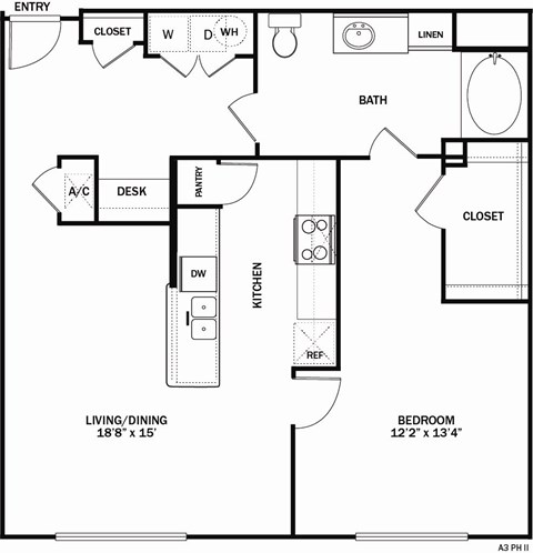 A drawing of a floor plan for a small apartment.